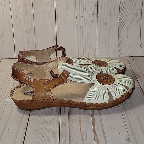 PIKOLINOS Leather Flower Wedge Sandals Puerto Vallerta Size 41 Nata - Picture 2 of 9